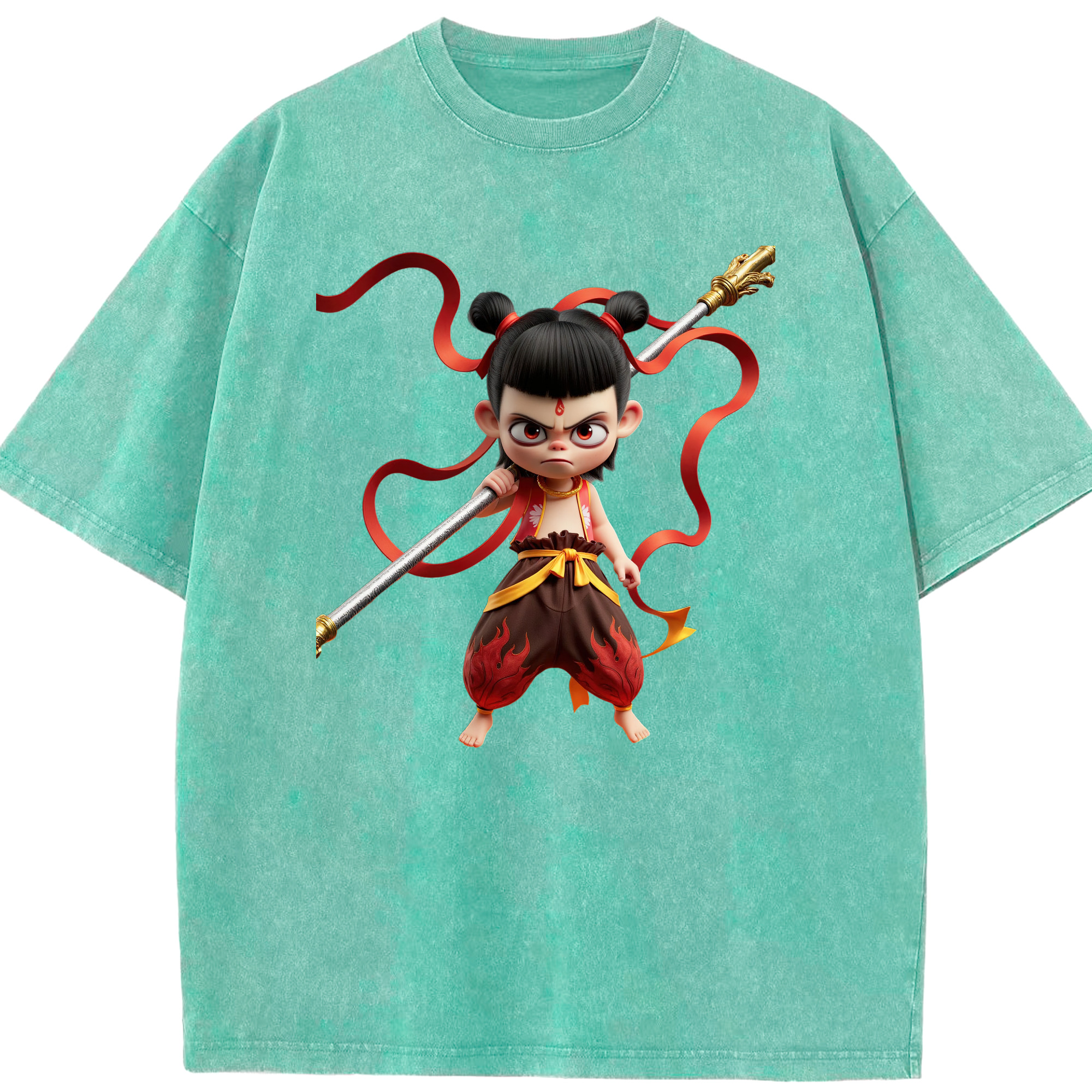 （画像用） Ne Zha 2 ナタ 魔童の大暴れ 綿100% ヴィンテージ風 半袖Tシャツ（フロントプリント）